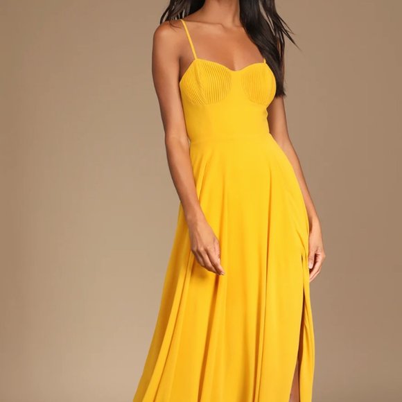 Brand New Lulu Golden Yellow Pleated Bustier Maxi Dress - Size Small - Picture 1 of 3